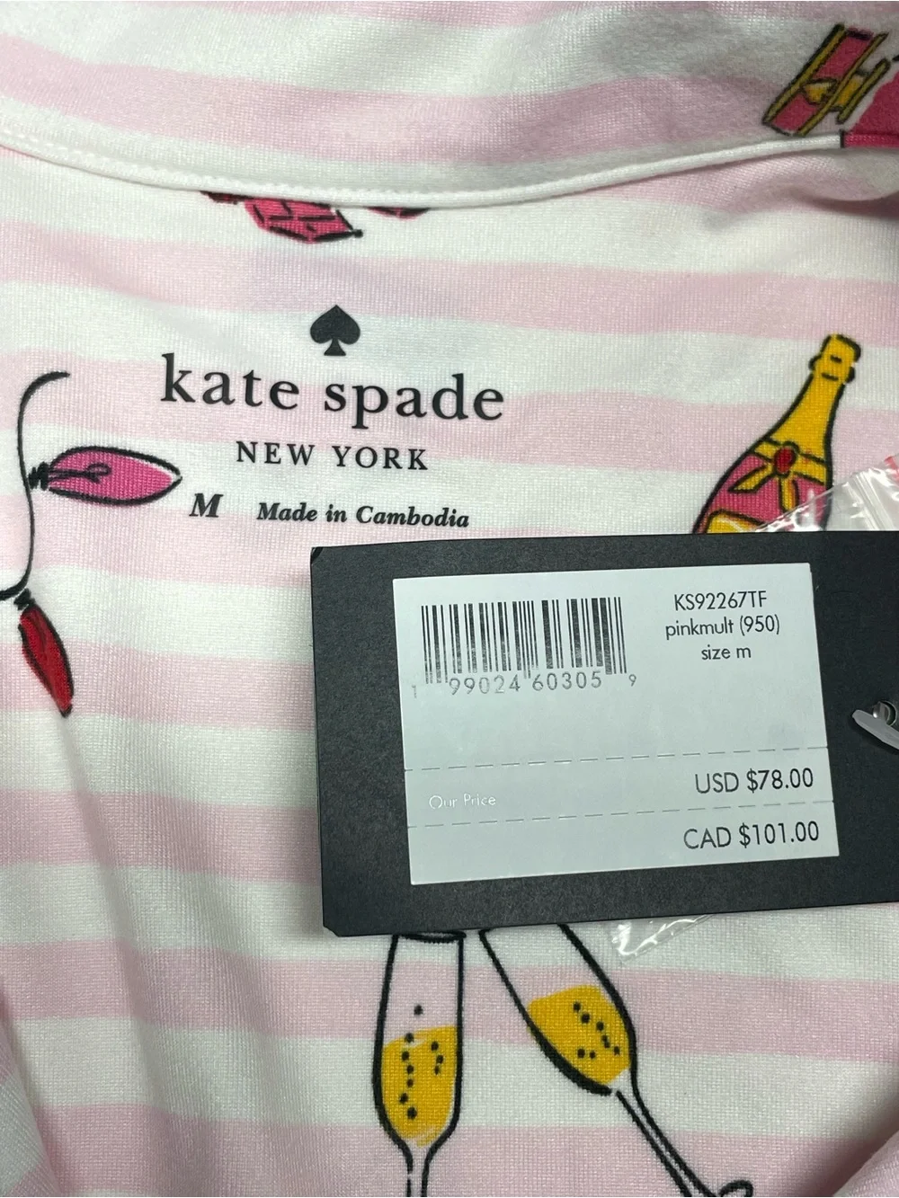 Kate Spade Holiday Cheer Pink Striped Button Front Pajama Top Size Medium NWT